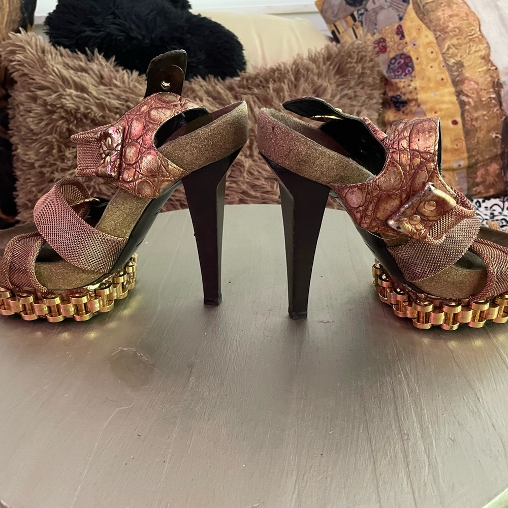 Balenciaga rose gold metal leather cork platform strappy sandals.